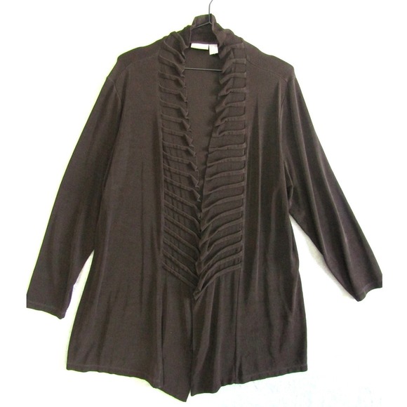 Travelers by Chico's Sweaters - Travelers by Chico's Brown Ribbed Cardigan Duster Open Front Ruffle Neck Size 3